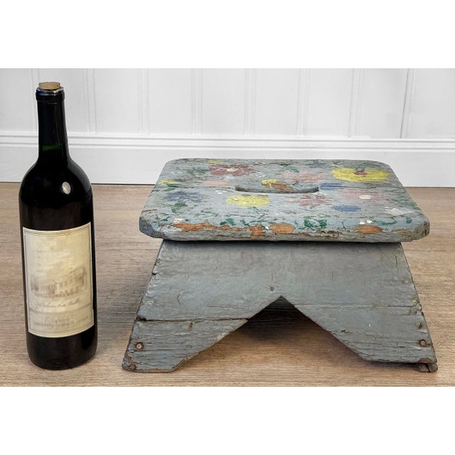 Early 20th Century Primitive Farmhouse Footstool - Solid Wood Construction with Heavily Aged Gray Painted Finish - Early...