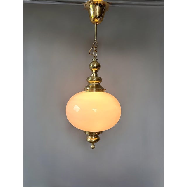 Metal Vintage Pendant Lamp with Opal Glass Globe and Brass Details, 1970s For Sale - Image 7 of 8