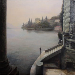 Lake Como by Marsha Whitesides Piper | Oil Painting of a serene lakeside view with buildings and trees For Sale