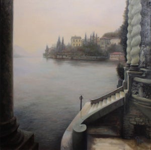 Lake Como by Marsha Whitesides Piper | Oil Painting of a serene lakeside view with buildings and trees