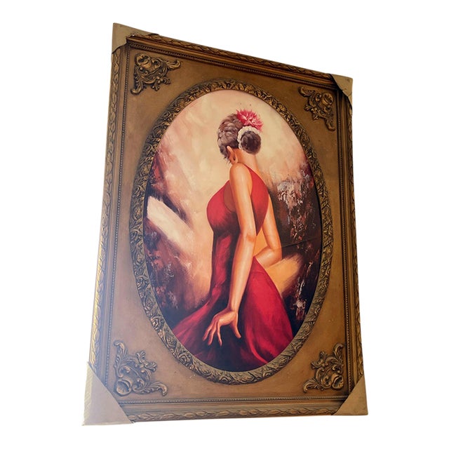 1990s Elegant Figurative Wall Art – Woman in a Red Evening Gown With Ornate Gold Leaf Frame For Sale