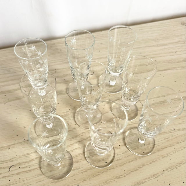 Mid 20th Century Mid-Century Modern Starburst Glass Sherry/Shot Glasses - Set of 9 For Sale - Image 5 of 7