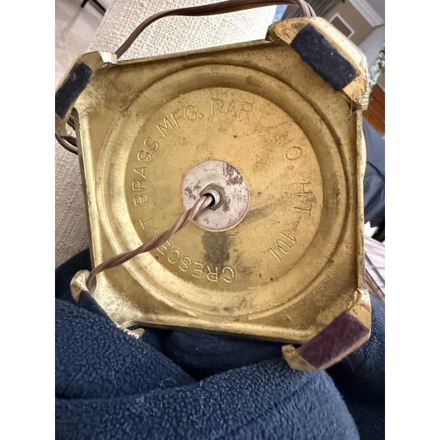 Vintage Mid-Century Modern Crescent Brass Manufacturing Co. Lamp & Slag Glass Shade. Glazed Apricot-Colored Base For Sale - Image 11 of 12