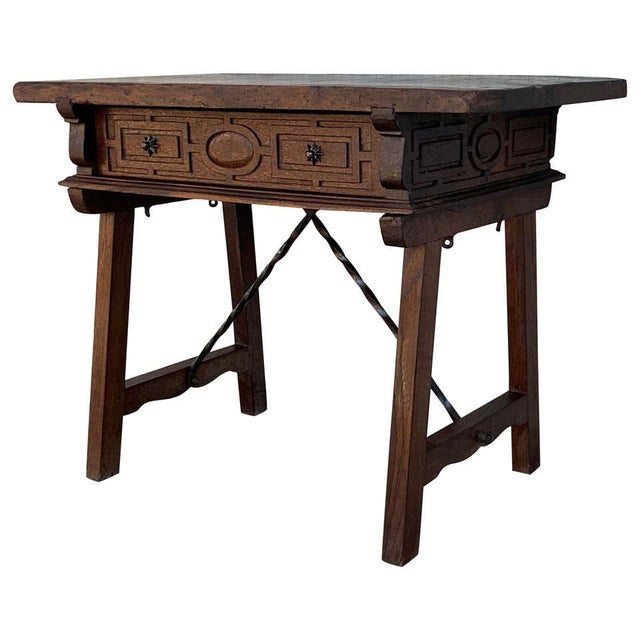 Spanish 1880s Walnut Side Table or Lady Desk, Carved Legs and Iron Stretcher For Sale - Image 13 of 13