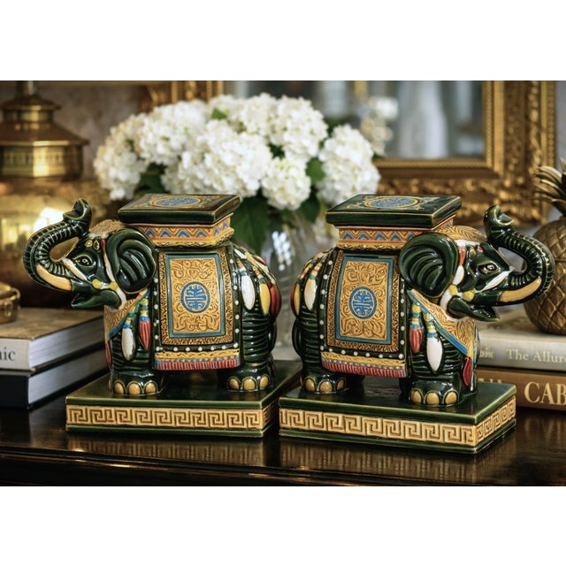 Ceramic Vintage Asian Ceramic Elephant Bookends – Chinese Chinoiserie Decorative Statement For Sale - Image 7 of 13