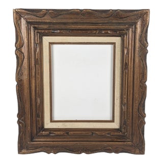 Vintage Carved Dark Brown Wood Picture Frame With Cream Linen Liner For Sale