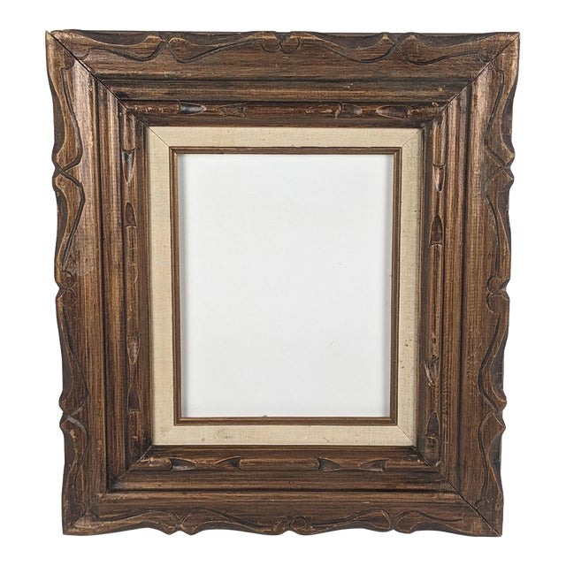 Vintage Carved Dark Brown Wood Picture Frame With Cream Linen Liner For Sale