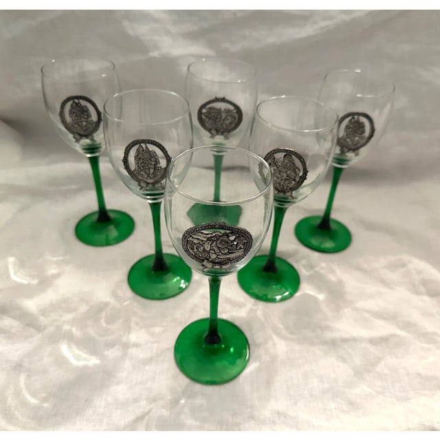 Green Stem Holiday Wine Glasses W/Pewter Santa Detail-Set of 5 For Sale - Image 4 of 7