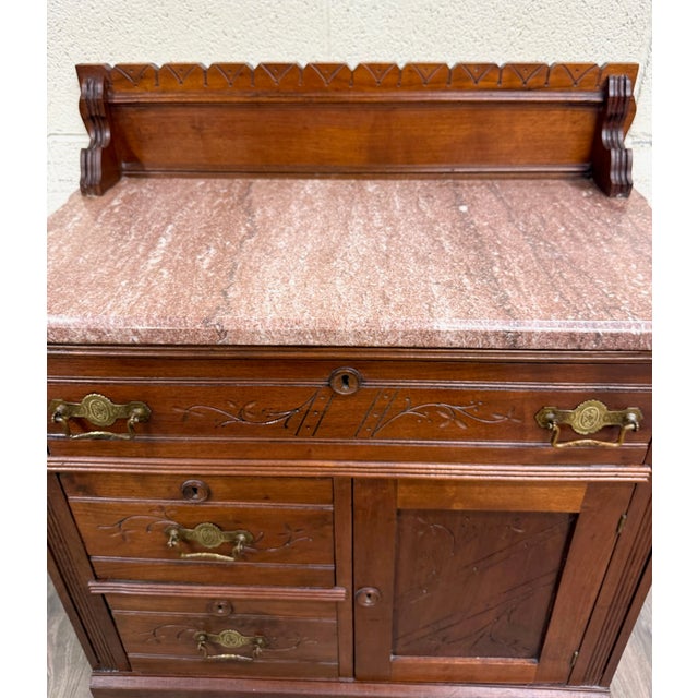 Antique Victorian Eastlake Style Walnut and Marble Top Cabinet Commode Washstand For Sale In Kansas City - Image 6 of 15