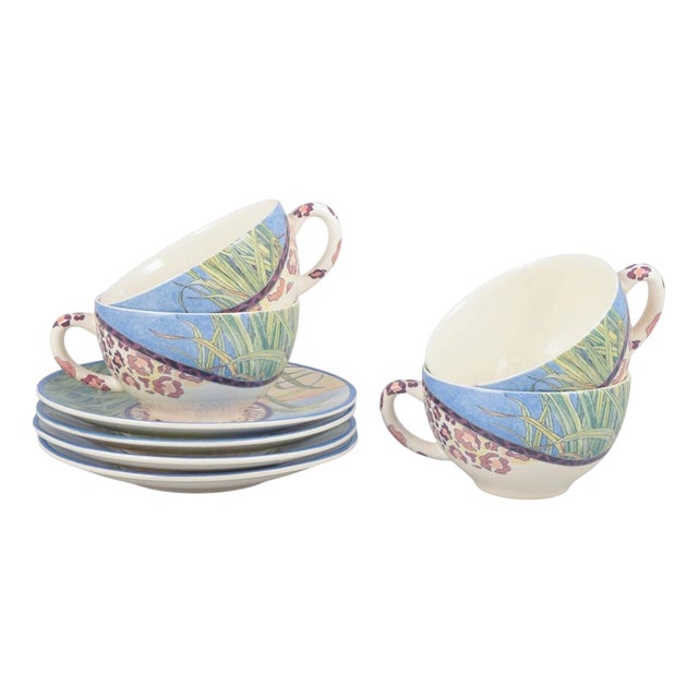 Large Savane Morning Cups with Matching Saucers from Gien, Set of 8 For Sale
