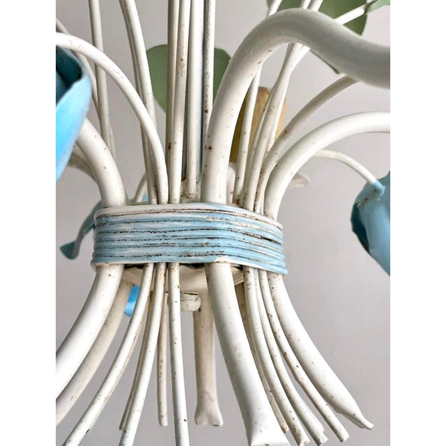 French Blue Tole Tulip 5-Light Chandelier, 1960s For Sale - Image 6 of 18