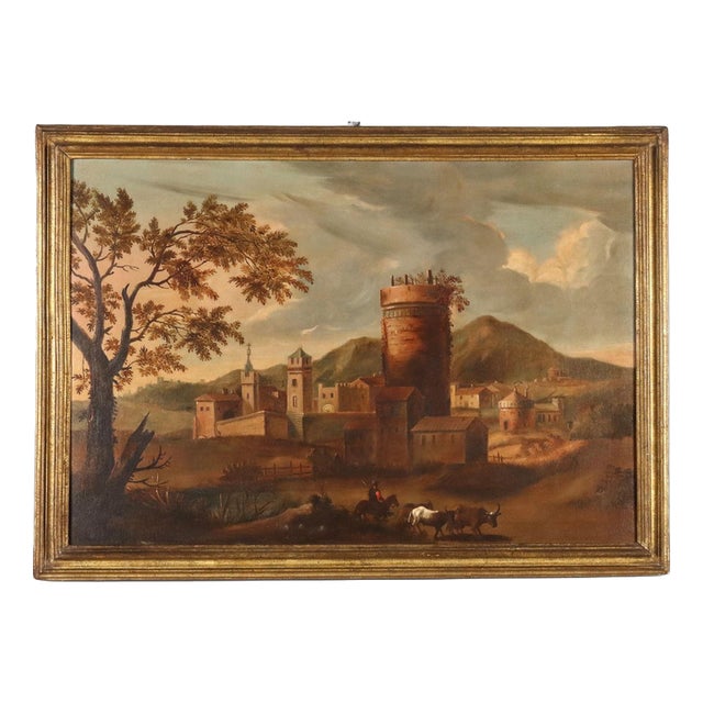 Landscape with Village, 1700s, Oil on Canvas For Sale