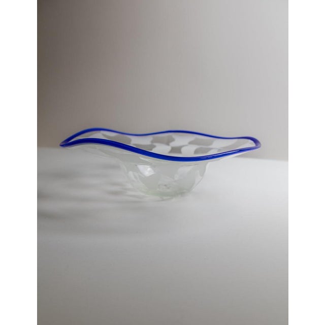 Vintage Murano Glass Bowl with Chequered Pattern & Blue Wavy Rim, Italy, 1990s For Sale - Image 12 of 12