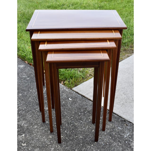 Inlaid Mahogany Nesting Tables Vintage Set of 4 Stacking Tables For Sale - Image 11 of 18