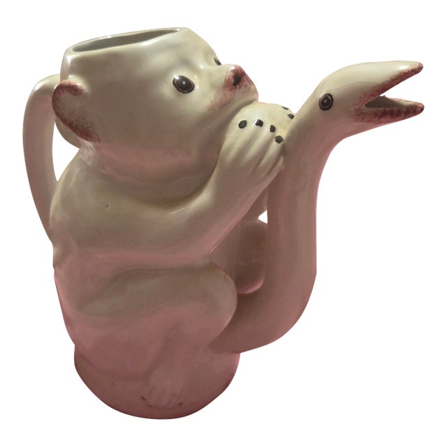 Vintage Mid-Century Italian White Glazed Ceramic Monkey and Snake Pitcher / Carafe For Sale