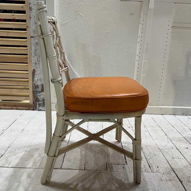1980s White Rattan Bamboo Table and Chair Set with Flip Top to Expand From Game Size to Dining Table - Set of 5 For Sale In Cleveland - Image 6 of 13