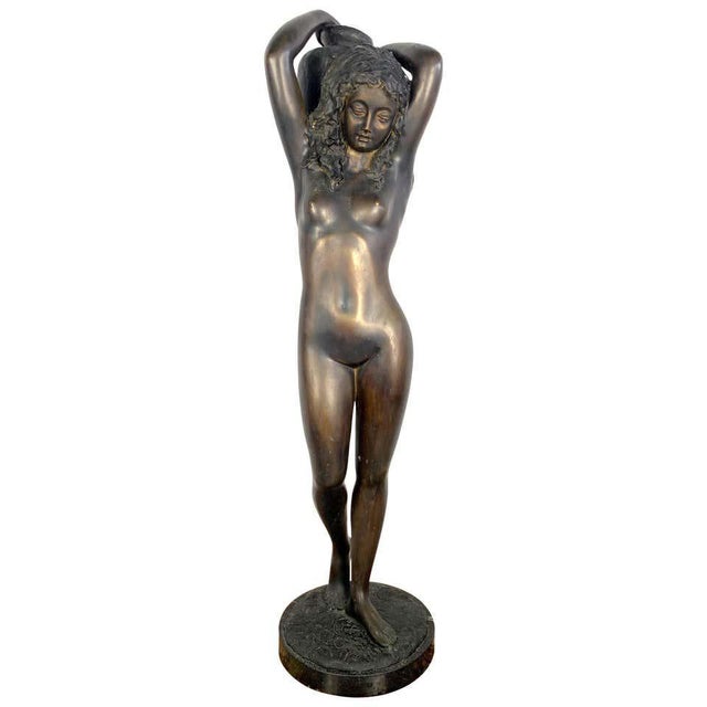 Brown 20th-Century Large Bronze Sculpture of a Nude Young Lady Carrying a Water Urn For Sale - Image 8 of 8