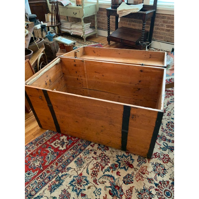 Early 1900's pine blanket chest with iron. Very wide and deep- plenty of room for storage!