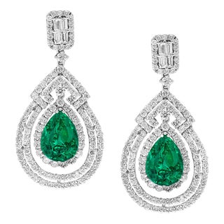 GIA Certified 8Ct Colombian Pear Emerald Diamond Hanging/ Drop Earrings 18K Gold, A Pair For Sale