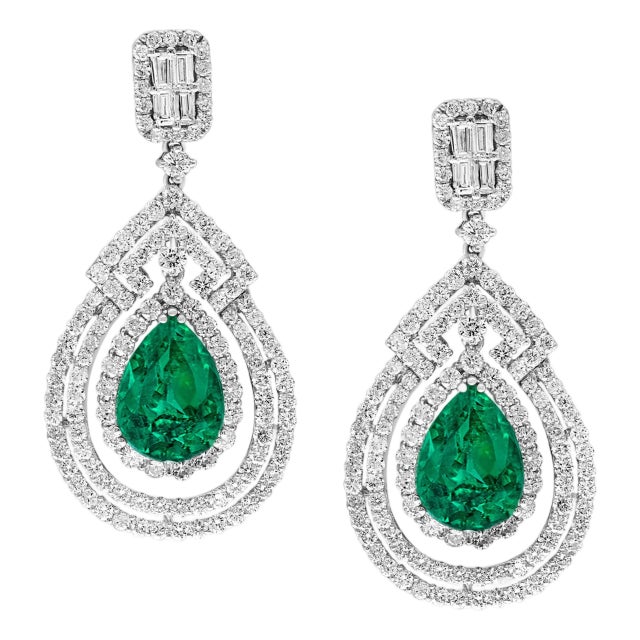 GIA Certified 8Ct Colombian Pear Emerald Diamond Hanging/ Drop Earrings 18K Gold, A Pair For Sale