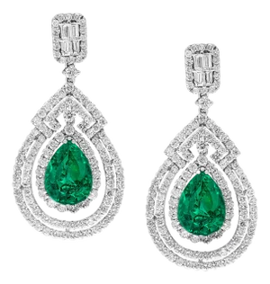 GIA Certified 8Ct Colombian Pear Emerald Diamond Hanging/ Drop Earrings 18K Gold, A Pair