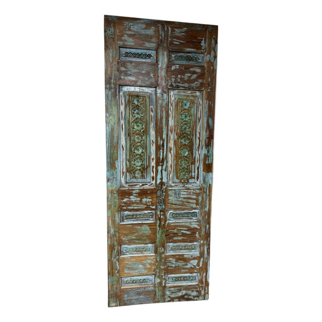 Vintage Hand-Carved Wooden Sliding Barn Door, Boho Architectural Statement for Interior 80x29.5 For Sale