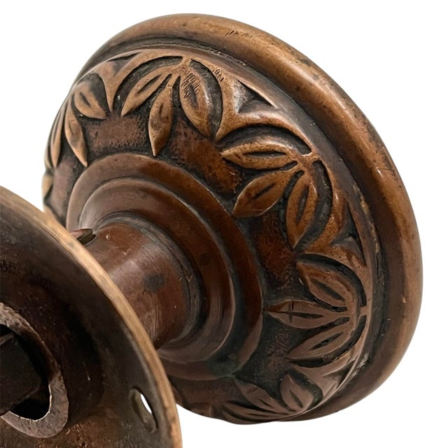 1870s Antique American Bronze Door Knobs With Rosettes - A Pair For Sale - Image 4 of 9