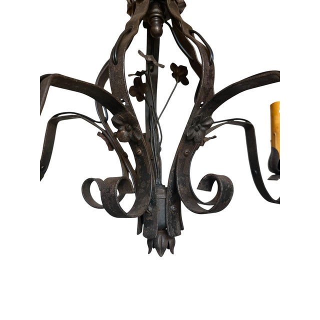 Black Vintage French Wrought Iron Chandelier With Forged Flowers For Sale - Image 8 of 13