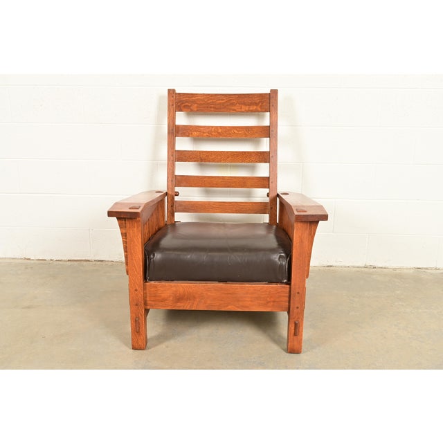 Stickley Mission Oak Arts & Crafts Spindle Reclining Morris Lounge Chair For Sale - Image 9 of 12