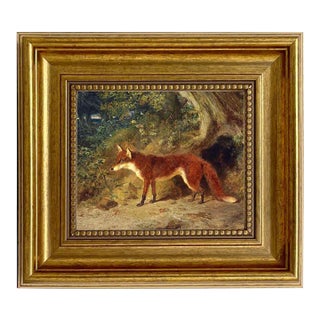 Fox and Feathers Framed Oil Painting Print on Canvas in Antiqued Gold Frame A 5 X 6" Framed to 8-1/2 X 9-1/2" For Sale
