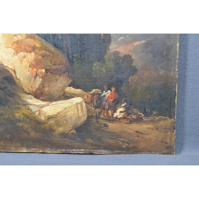 Antique Romantic Landscape Oil Painting With Figures and Rocky Scenery For Sale - Image 10 of 11