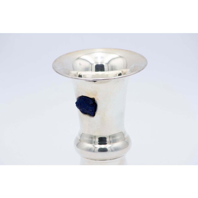 Small Vase in Silver with Fish Appliqué in Lapis Lazuli, in Very Good conditions. Designed 1980 to 1989 This piece has an...