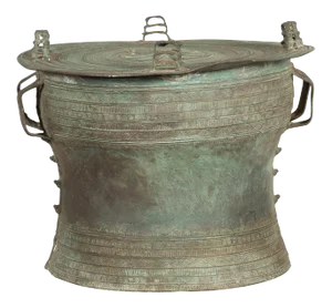 Laotian Style Vintage Bronze Rain Drum with Geometric Motifs and Verde Patina