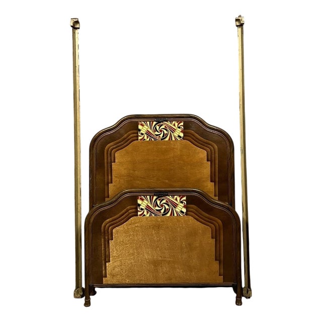 Art Nouveau Style Bed in Painted Iron with Faux Wood and Stylized Colored Motifs, 1890s For Sale