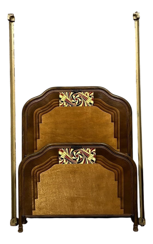 Art Nouveau Style Bed in Painted Iron with Faux Wood and Stylized Colored Motifs, 1890s