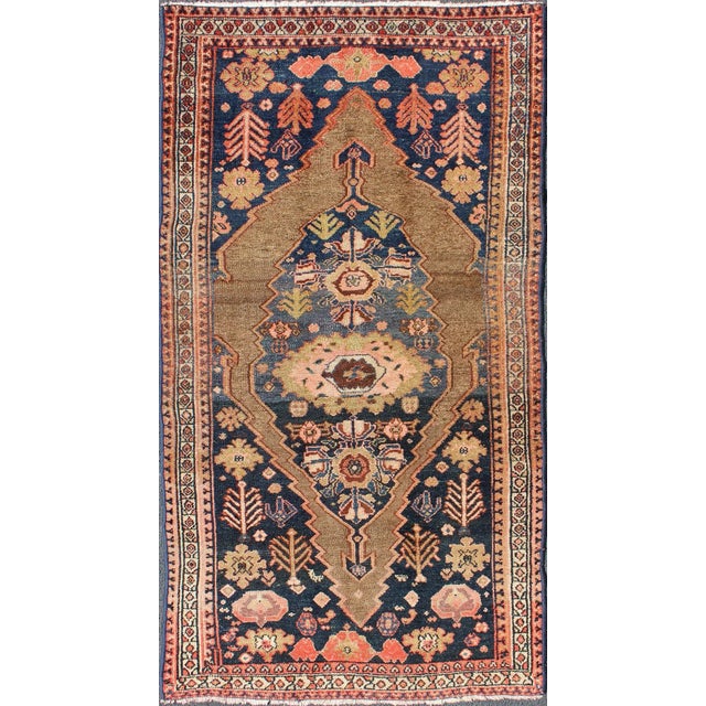 Tribal Medallion Design Antique Persian Serab Rug in Camel and Shades of Blue For Sale - Image 13 of 13