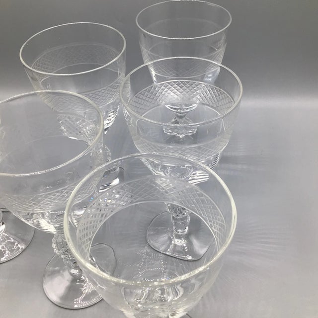 1950s Morgantown "Eton" Water/Wine Goblets Cut Ball Stem, With Cross Hatch Band -Set of 6 Crystal Glasses For Sale - Image 10 of 13