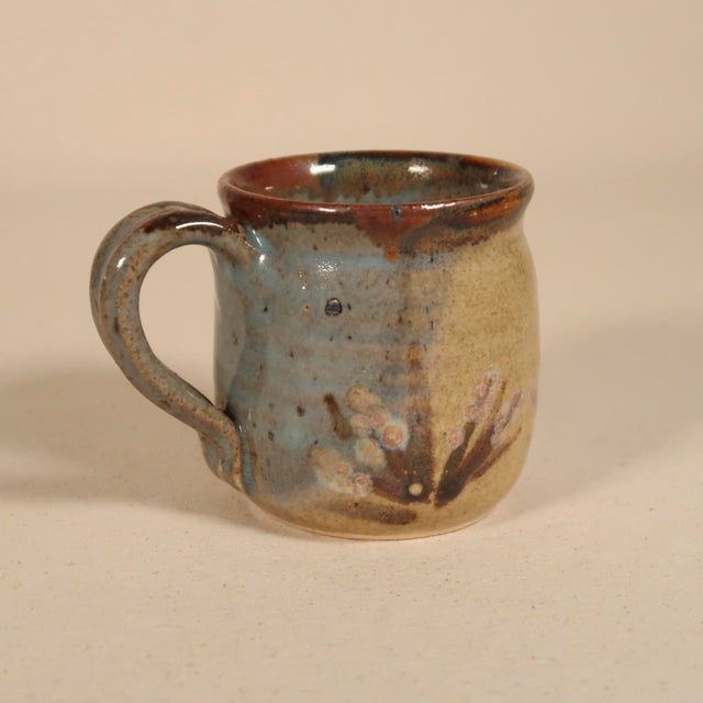 Set of Vintage 1982 Studio Pottery Ceramic Mugs With Mixed Glaze and Floral Motifs For Sale - Image 9 of 15