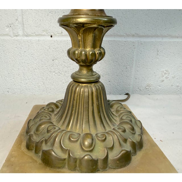 Antique Ornate 1800's Electrified Heavy Brass Marble Stone Astral Oil Table Lamp For Sale - Image 4 of 11
