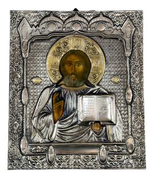 Orthodox Icon of Pantocrator in Wood with Riza
