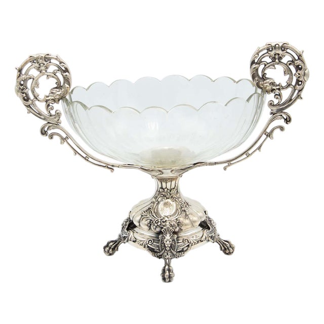 Fruit Bowl Centerpiece in Cut Glass with Embossed Silver Structure For Sale