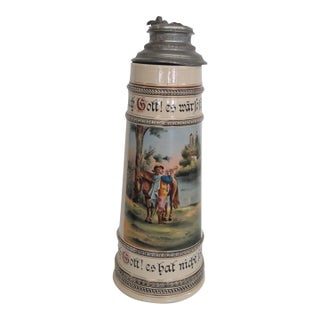 Early 20th Century Marzi and Remy Tall Extra Large Ceramic Pewter Lidded Beer Stein For Sale