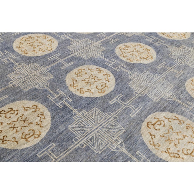 Sand Hand-Knotted Modern Khotan Wool Rug Muted Blue and Sand Medallion Pattern For Sale - Image 8 of 11