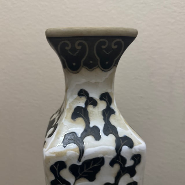 Taupe Vintage Tall Ceramic Taupe Vase With Painted Flowers For Sale - Image 8 of 12