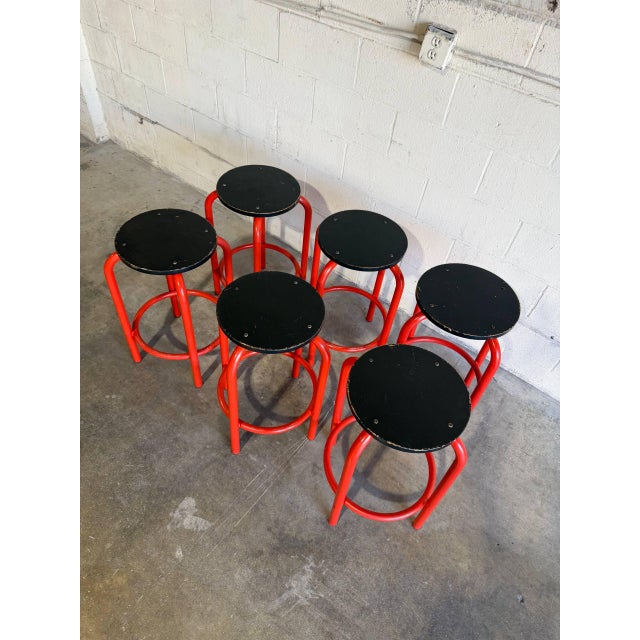 Set of 6 Red Plywood Bar Stools With Metal Frames Mid-Century Modern For Sale - Image 4 of 9