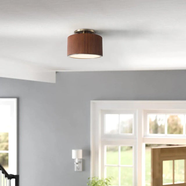 Mid-Century Modern Tambo Semi-Flush Mount Ceiling Light - Dark Walnut Wood Finish, Weathered Brass For Sale - Image 3 of 10