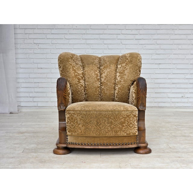 Wood Danish Relax Armchair in Furniture Velour and Carved Oak Wood, 1950s For Sale - Image 7 of 18