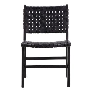 Black Woven Leather Teak Dining Chair For Sale