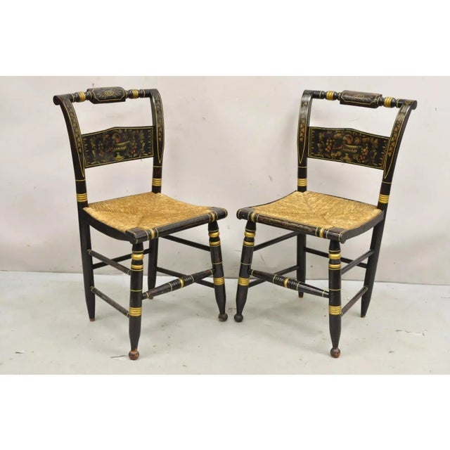 Late 19th Century Antique Hitchcock Black and Gold Harvest Stencil Rush Side Chairs - a Pair For Sale - Image 11 of 11
