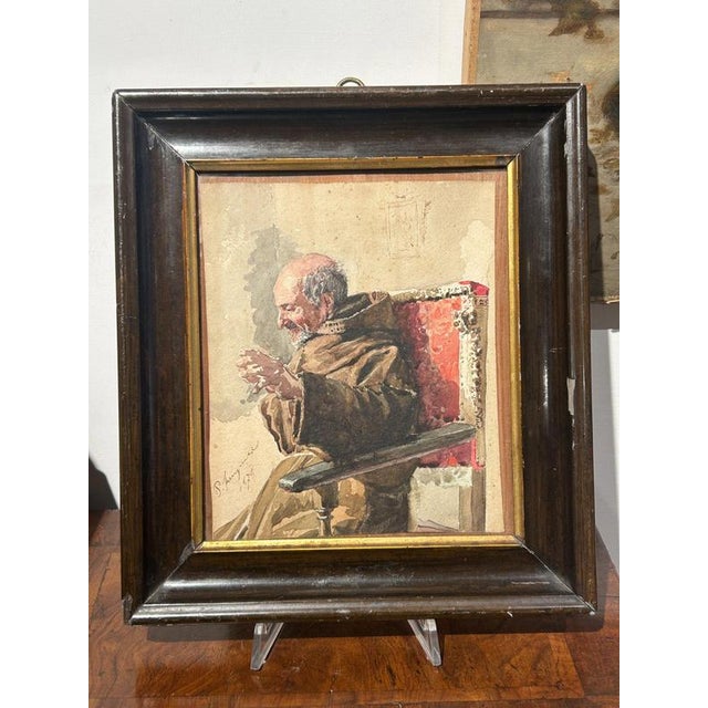 Beautiful sheet depicting a bearded monk seated in three-quarter view on an antique armchair and painted with great care...
